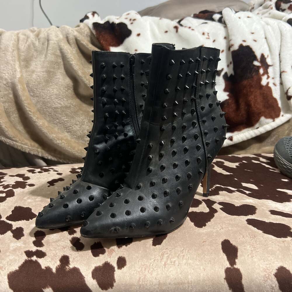 Black Studded Pointed Toe Stiletto Ankle Boots